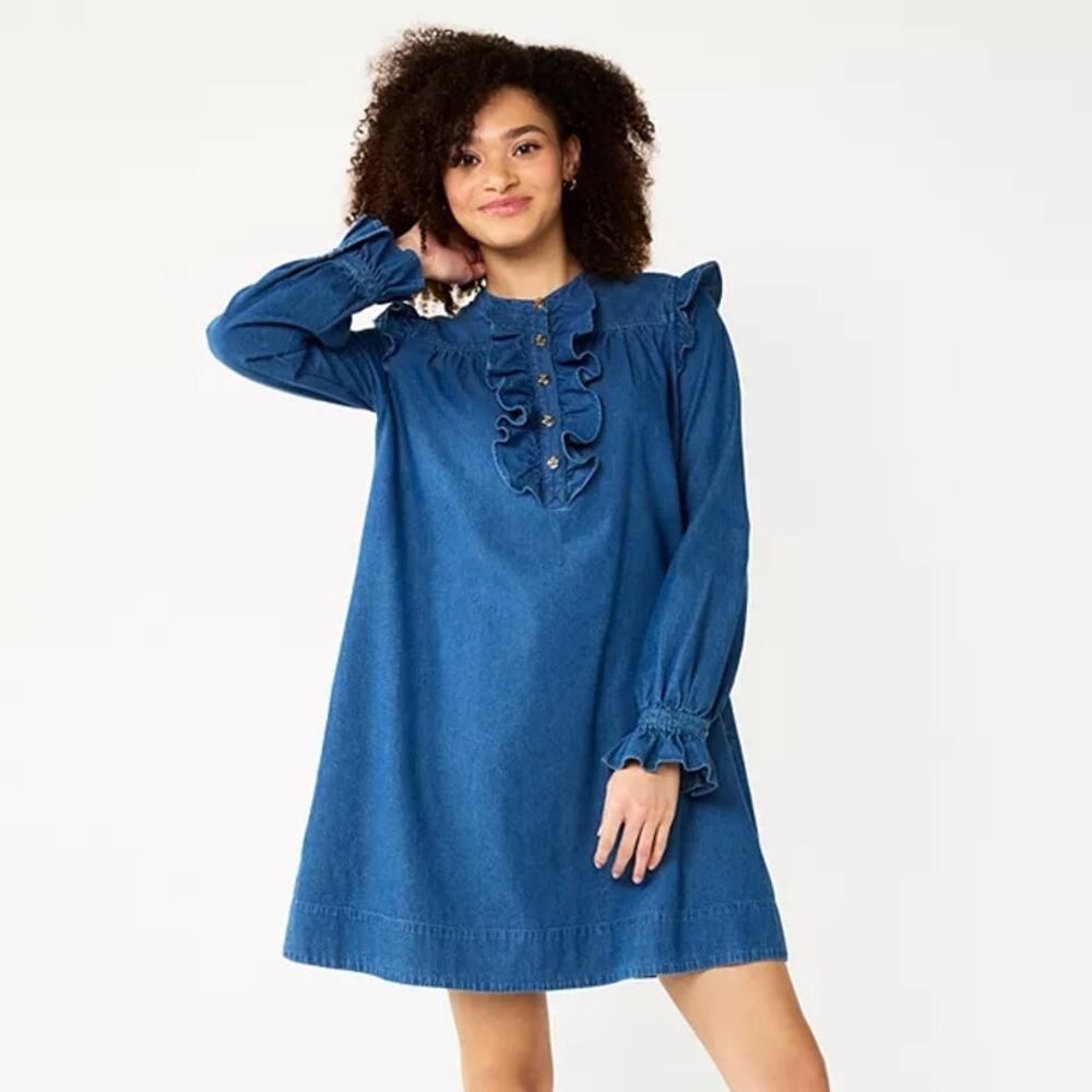 Draper James RSVP Denim Ruffle Shift Dress M | Western Prairie Henley Mini